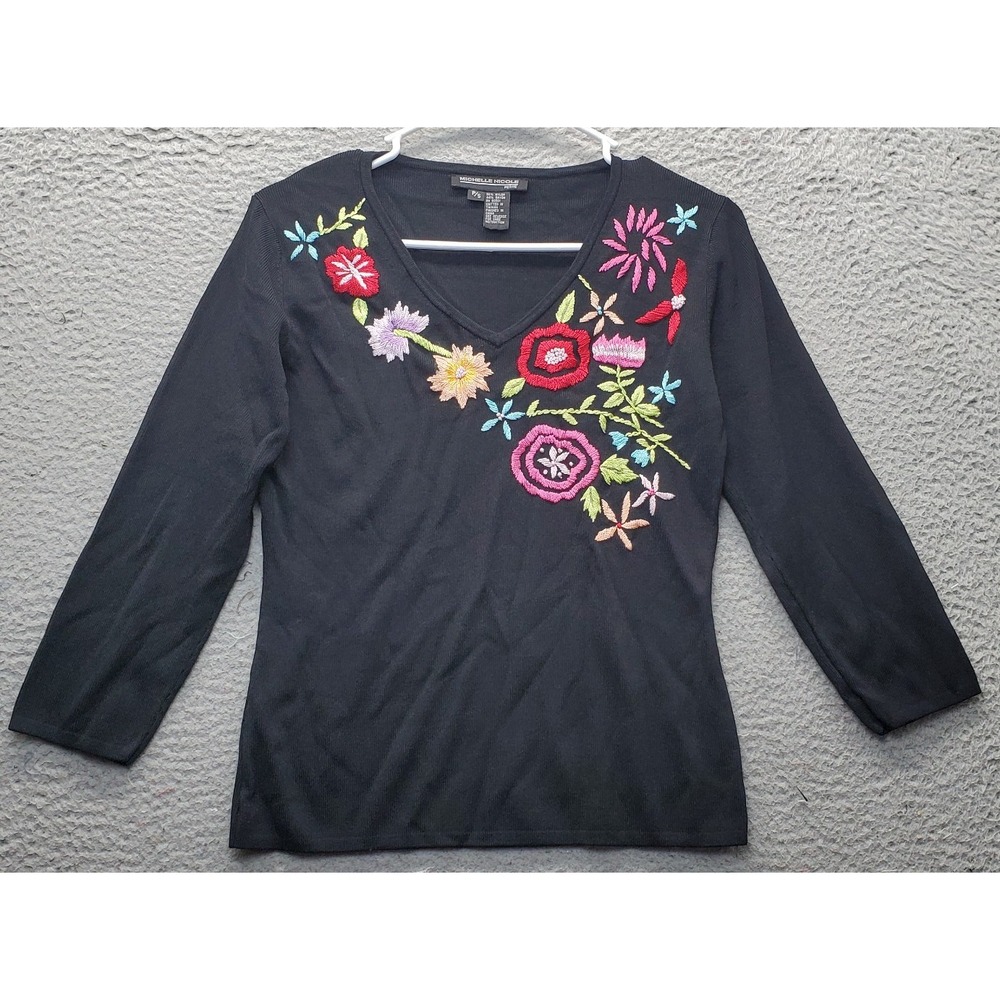 Michelle Nicole Blouse Top Women S/P Black Long Sleeve V-Neck Embroidered Floral